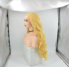 Long Synthetic 13x4 Lace Front Wig Golden Yellow Caramel Blonde Wavy Cosplay Wig