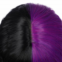 Half Black and Half Purple Wig 2-Tone Dyed with Bangs Short Curly Wavy Bob Wig