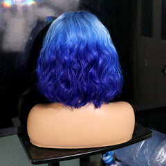 Short Wave Ombre Blue Wigs Synthetic Lace Front Wig Glueless Cosplay Party Heat