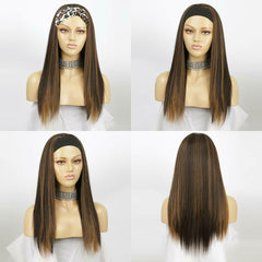 Long Straight Headband Wig Brown Highlight Wigs for Women Synthetic Headband Wig
