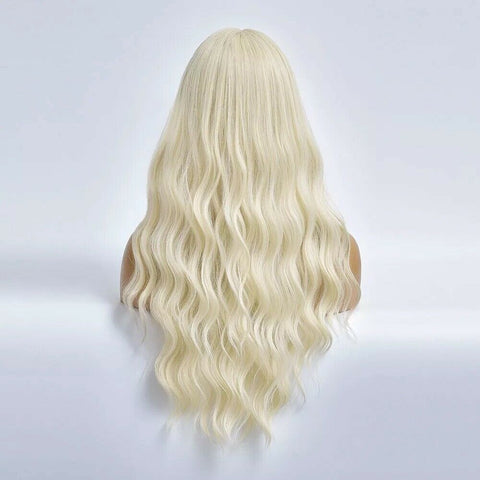 Long Wave Blonde Daily Hair Synthetic Glueless Wig With Bangs Heat Resistant