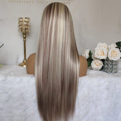Long Straight T Part Lace Front Wigs Mixed Brown Blonde Highlight Synthetic Wig