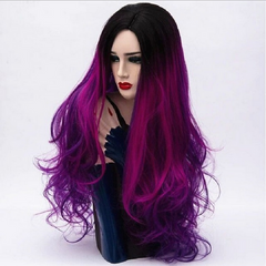 3 Tone Long Curly Synthetic Wig Ombre Color Black to Pink to Purple Hair Heat