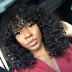 Brazilian Water Wave 100% Human Hair Wigs With Bangs None Lace Wig For Women 12"