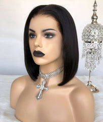 Womens Short Bob Black Brazilian Remy Human Hair 13x1 T Part Lace Front Wigs 10"