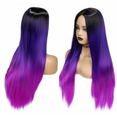 Women Long Straight Synthetic Wig Ombre Purple Hair Heat Safe Cosplay Party Wigs