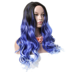 Ombre Blue Wigs for Women Long Curly Wavy Synthetic Hair Natural Middle Parting