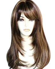 Brown with Highlights Yaki Synthetic Women's Wig With Hair Bangs Centre Parting Long Straight Layered Heat Resistant Synthetic Hair Wig for Women