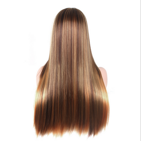 24" Brown Blonde Highlights Wigs Long Straight Natural Synthetic Hair for Women