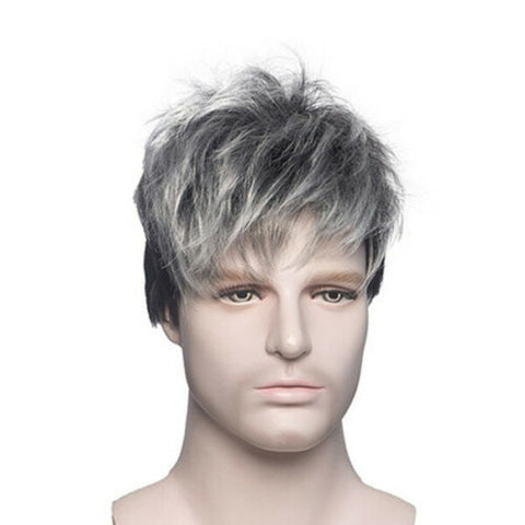 Handsome Men's Short Wig Ombre Grey Black Synthetic Wig Hair Natural Looking