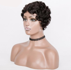 Real Peruvian Human Hair Pre-Plucked Short Pixie Cut Afro Wavy Curly Wig No-Lace