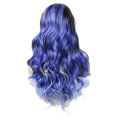 Ombre Blue Wigs for Women Long Curly Wavy Synthetic Hair Natural Middle Parting