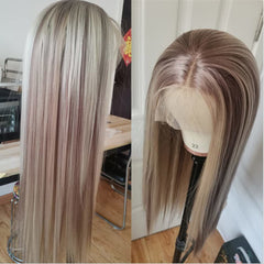 Long Straight T Part Lace Front Wigs Mixed Brown Blonde Highlight Synthetic Wig