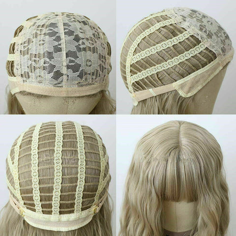 Wavy Long Wigs With Bangs Ash Blonde Synthetic Hair Wigs Party Cosplay Daily Wig