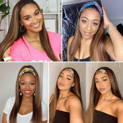 Long Straight Headband Wig Brown Highlight Wigs for Women Synthetic Headband Wig