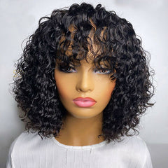 Brazilian Water Wave 100% Human Hair Wigs With Bangs None Lace Wig For Women 12"