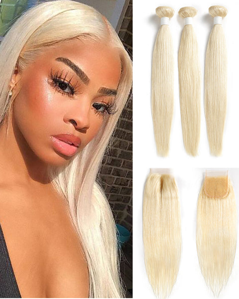 Remy Brazilian Human Hair Bundles Weaves with 4x4 Lace Closure Straight Hair 613 Color