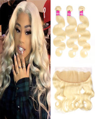 Remy Brazilian Human Hair Bundles Weaves with 13x4 Lace Frontal Body Wave Hair 613 Color