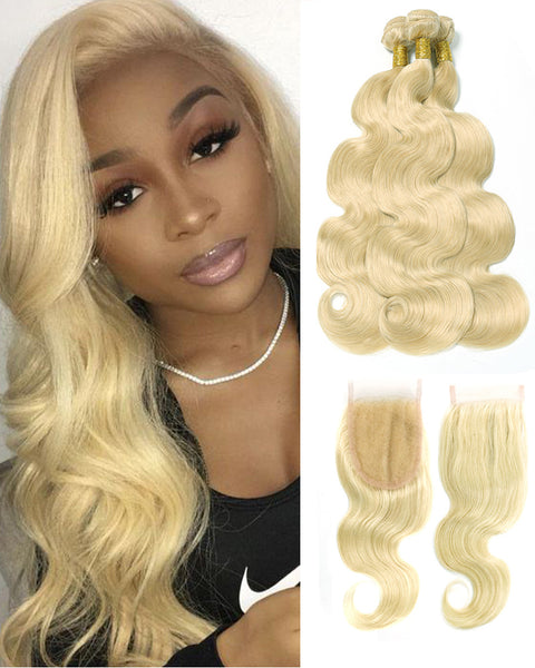 Remy Brazilian Human Hair Bundles Weaves with 4x4 Lace Closure Body Wave Hair 613 Color