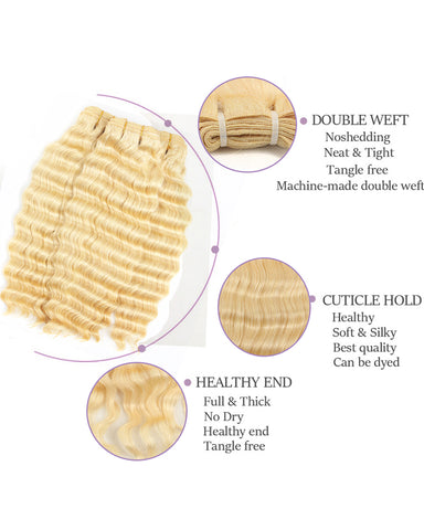 Remy Brazilian Human Hair Bundles Weaves with 13x4 Lace Frontal Deep Wave Hair 613 Color