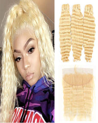Remy Brazilian Human Hair Bundles Weaves with 13x4 Lace Frontal Deep Wave Hair 613 Color