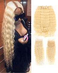 Remy Brazilian Human Hair Bundles Weaves with 4x4 Lace Closure Deep Wave Hair 613 Color
