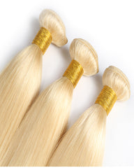 Remy Brazilian Human Hair Bundles Weaves with 4x4 Lace Closure Straight Hair 613 Color