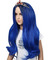Kids Size Wig and Crown Set Long Wavy Cosplay Wig for Halloween Costumes and Party (Dark Root Blue)