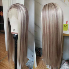 Long Straight T Part Lace Front Wigs Mixed Brown Blonde Highlight Synthetic Wig