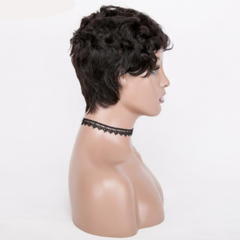 Real Peruvian Human Hair Pre-Plucked Short Pixie Cut Afro Wavy Curly Wig No-Lace