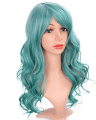 Long Big Wavy Wig with Bangs Mix Color Custom Cosplay Halloween Party Wigs Synthetic Heat Resistant Hair (LakeBlue Mixed Color, 20 Inches)