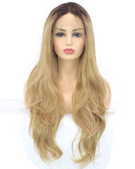 Dark Brown Rooted Light Blonde Lace Front Wigs for Women  Synthetic Hair Wavy Wig with Flawless Hairline 22 inches