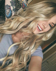 Dark Brown Rooted Light Blonde Lace Front Wigs for Women  Synthetic Hair Wavy Wig with Flawless Hairline 22 inches