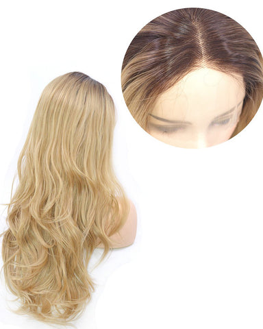 Dark Brown Rooted Light Blonde Lace Front Wigs for Women  Synthetic Hair Wavy Wig with Flawless Hairline 22 inches