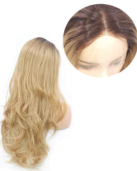 Dark Brown Rooted Light Blonde Lace Front Wigs for Women  Synthetic Hair Wavy Wig with Flawless Hairline 22 inches