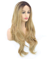 Dark Brown Rooted Light Blonde Lace Front Wigs for Women  Synthetic Hair Wavy Wig with Flawless Hairline 22 inches