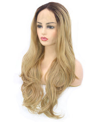 Dark Brown Rooted Light Blonde Lace Front Wigs for Women  Synthetic Hair Wavy Wig with Flawless Hairline 22 inches