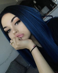 19 Inch Short Ombre Blue Straight Synthetic Wig for Women can be Curled High temperature Fiber