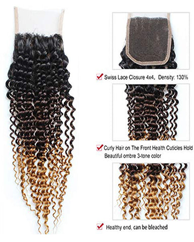 Remy Brazilian Ombre Human Hair 3 Bundles Weaves with 4x4 Lace Closure Curly Wave Hair 1B/27 Color