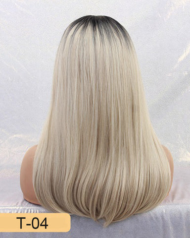 Long Synthetic Wig with Bangs Dark Root Ombre Color High Density Natural Headline Heat Resistant Hair Wigs for Women 18"