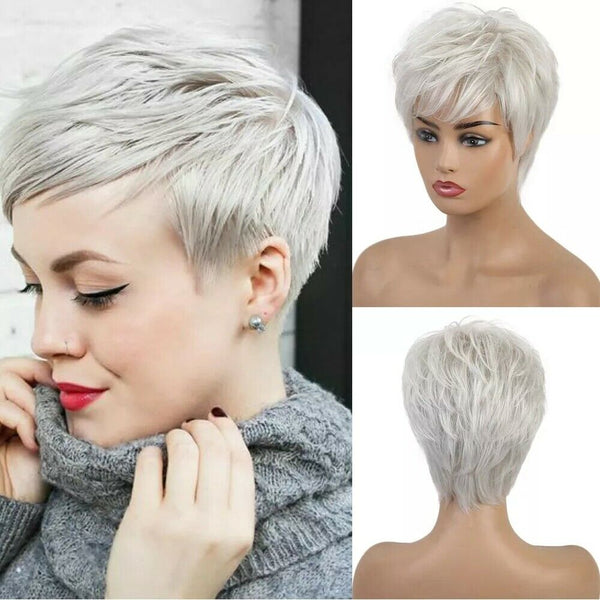 Women Pixie Wig Silver Grey Hair Short Synthetic Wig for Fashion Party Heat Safe