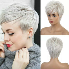 Women Pixie Wig Silver Grey Hair Short Synthetic Wig for Fashion Party Heat Safe