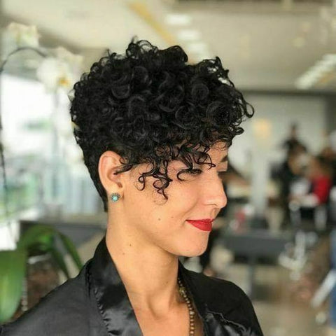 Short Black Curly Synthetic Wig With Bangs Pixie cut for Women Party and Costume