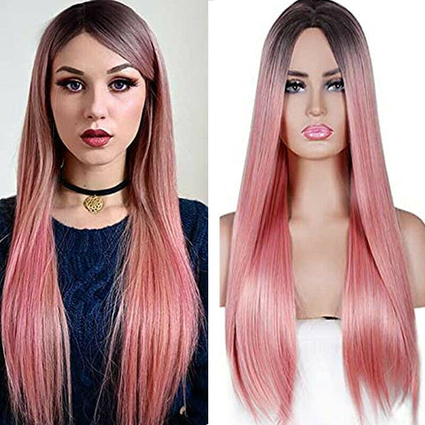 Long Ombre Pink Wigs for Women Synthetic Straight Pink Wig with Dark Roots