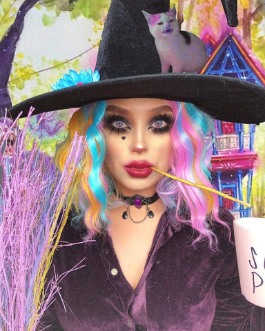 Short Bob 14'' Wavy Curly Wig Blue Ombre Wig For Women Cosplay Halloween Party