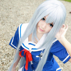 Long Straight Cosplay Wig Light White Blue Synthetic Hair Wigs With Bangs