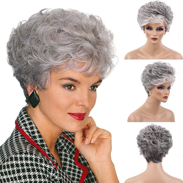 Pixie Wig Mixed Silver/Gray Short Curly Hair Wig Synthetic Full Wigs for Women