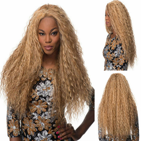 Long Afro Kinky Curly Synthetic Wig Brown Gold Full Head Wigs For Women