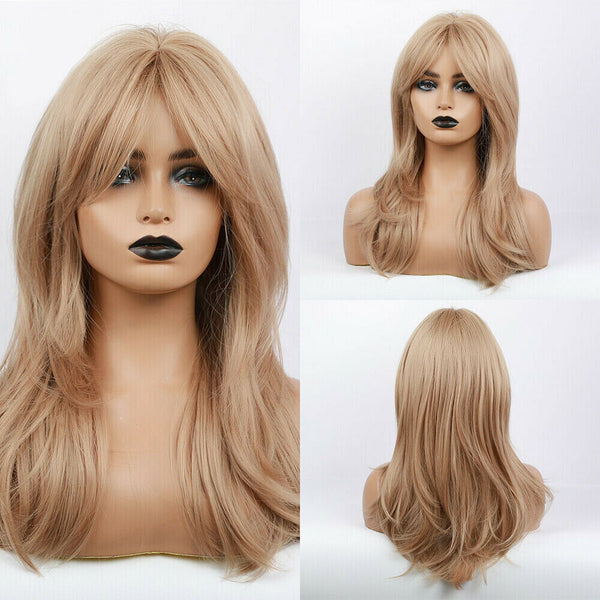 Natural Blonde Wavy Ombre Synthetic Hair Wigs With Bangs For Women