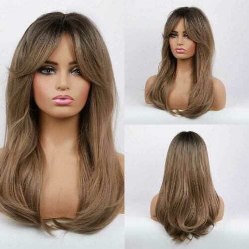 Natural Black Ombre Brown Wave Synthetic Hair Wavy Wig With Long Bangs for Women